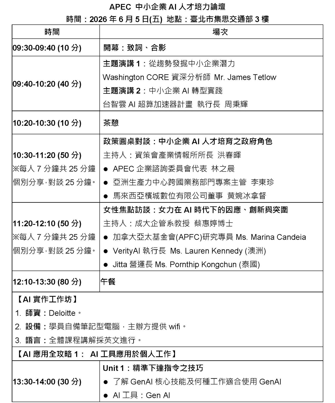 APEC中小企業AI人才培力論壇-議程